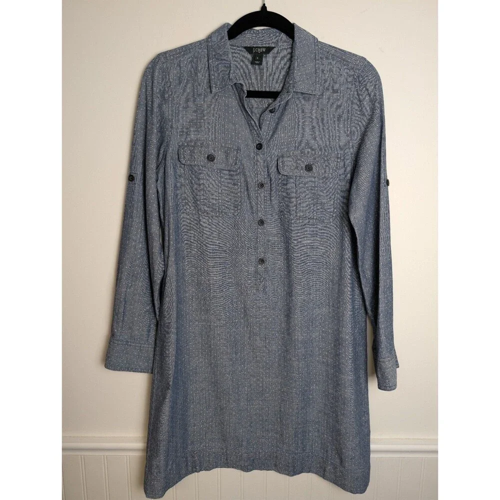 J.Crew Chambray Polkadot Shirt Dress Size S Blue Cotton Roll Tab Long Sleeve